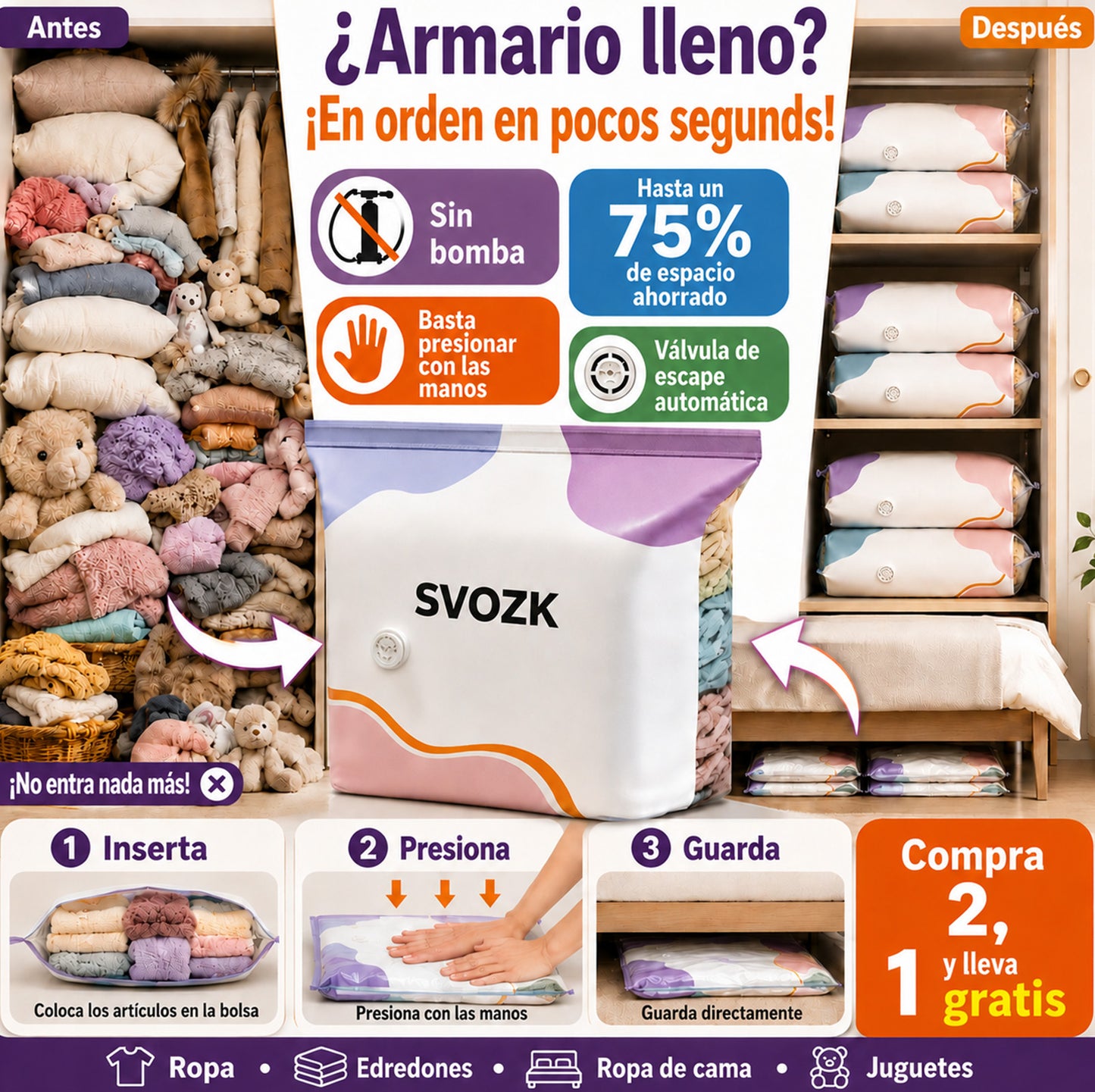 ÚLTIMO DÍA 🔥 70% DE DESCUENTO 👕 SVOZK® Bolsas 3D de Almacenamiento sin Bomba 📦 El organizador todo en uno para ropa, cobijas, juguetes, libros y peluches 🧸📚👕🧦