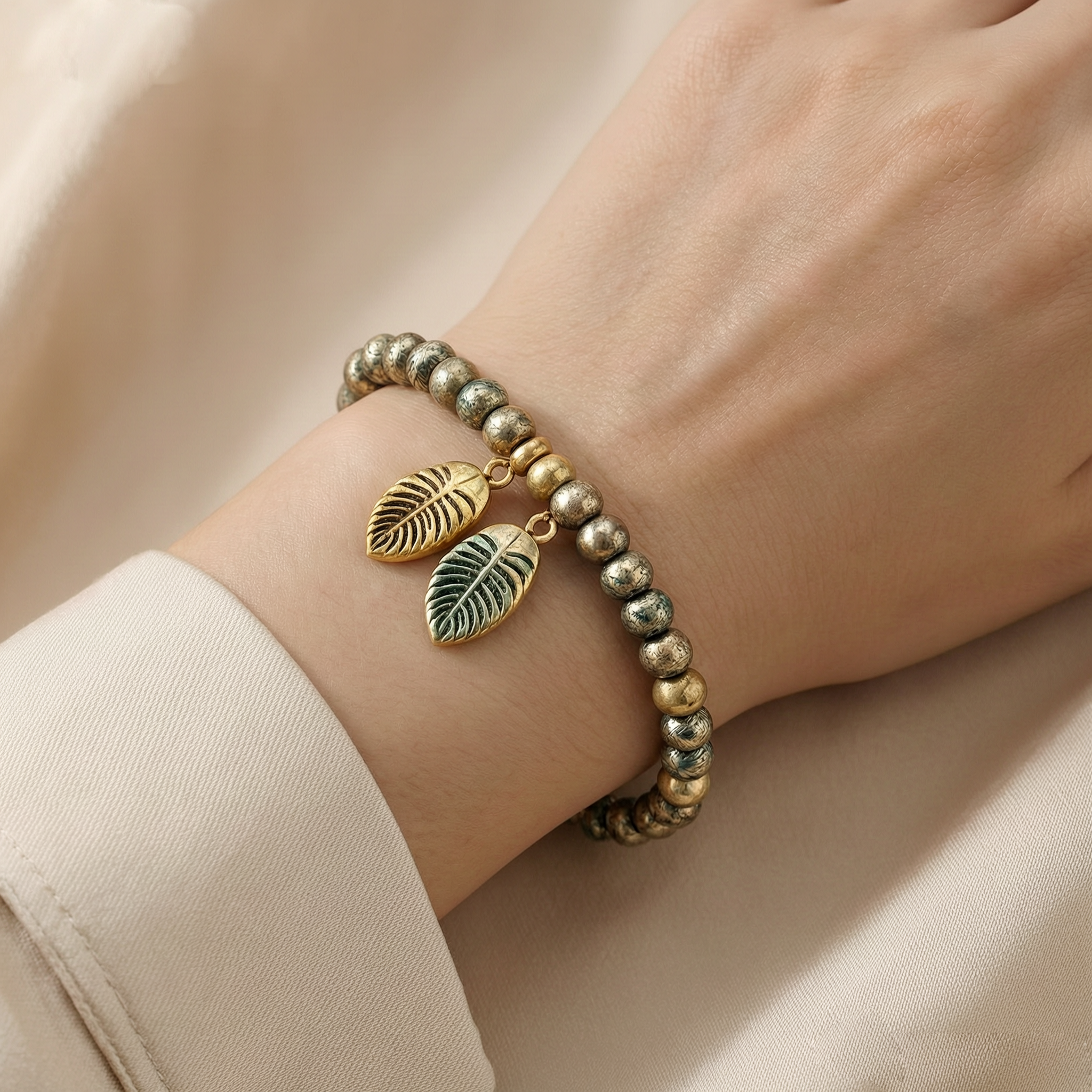 Vintage Leaf Charm Beaded Bracelet