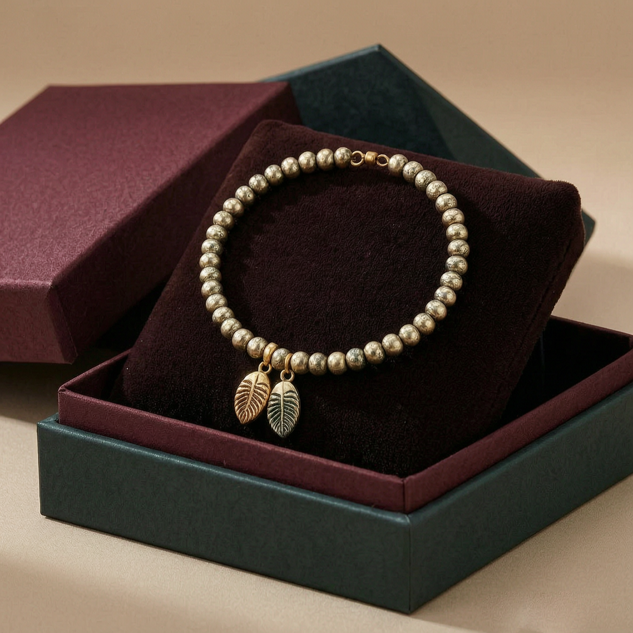 Vintage Leaf Charm Beaded Bracelet