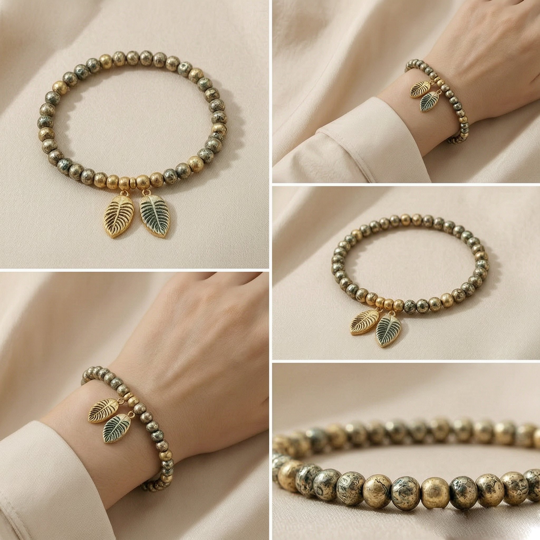 Vintage Leaf Charm Beaded Bracelet